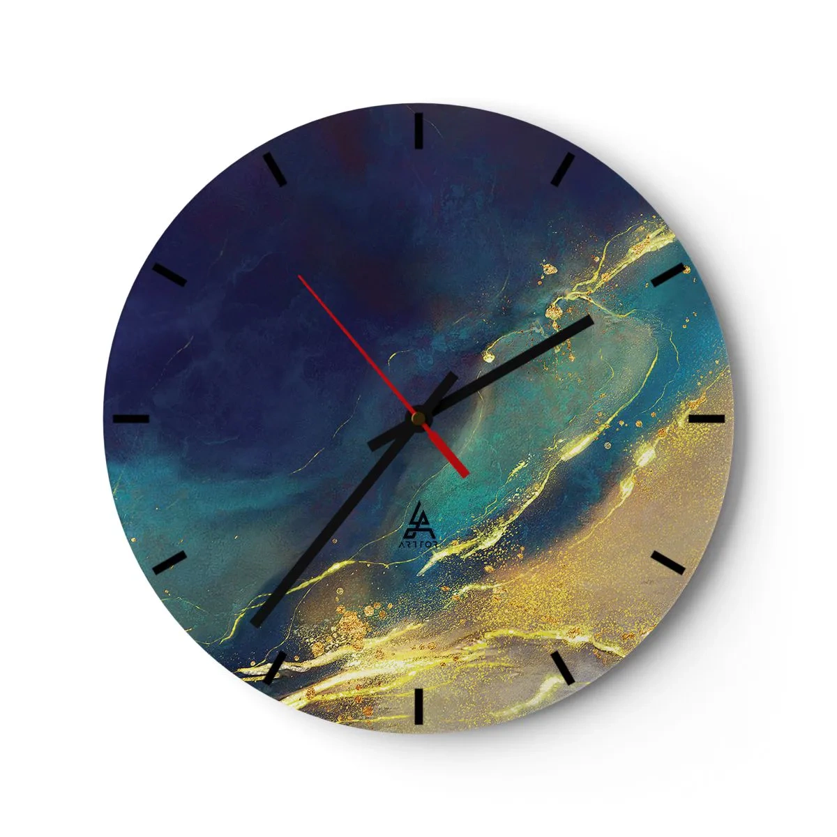 Wanduhr - Glasuhr - Eine abstrakte Komposition in Marineblau und Gold, die einem Wasserbecken ähnelt - 30x30cm - Der goldene Teich - Moderne Wanddekoration für Wohnzimmer, Küche und Schlafzimmer ARTTOR
