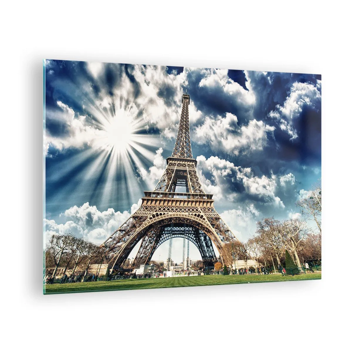 Glasbild - Bild auf glas - Der Eiffelturm vor einem strahlenden Himmel - 70x50cm - Die Einzige unter der Sonne - Moderne Wanddekoration für Wohnzimmer und Schlafzimmer ARTTOR