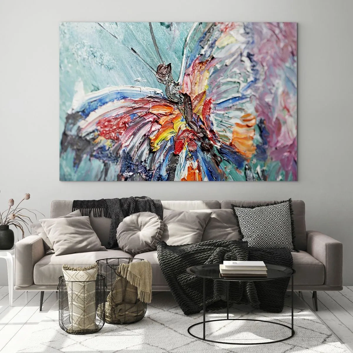 Glasbild - Bild auf glas - Bunter Schmetterling im abstrakten Stil auf blauem Hintergrund - 100x70cm - Von der Natur gemalt - Moderne Wanddekoration für Wohnzimmer und Schlafzimmer ARTTOR