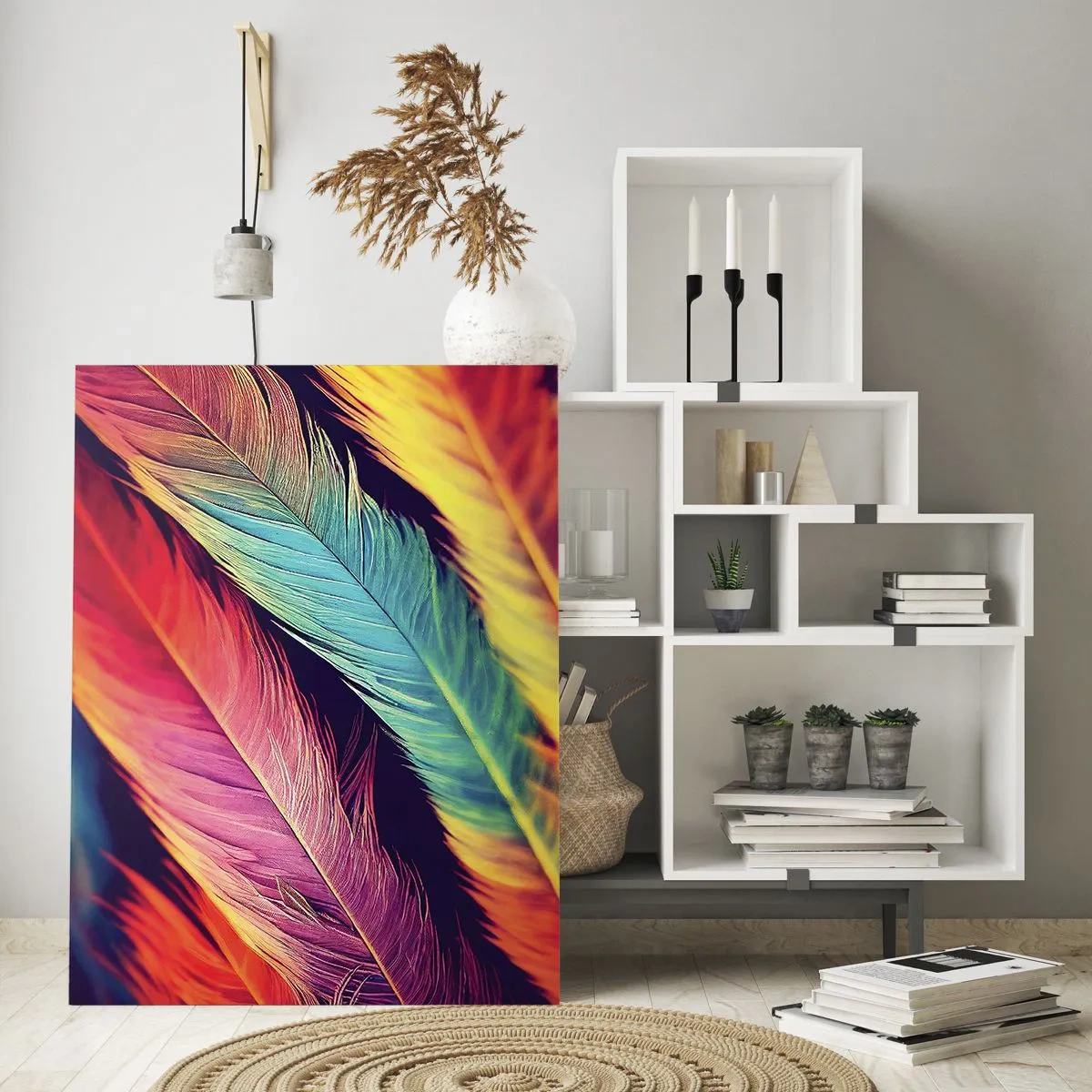 Glasbild - Bild auf glas - Bunte Federn in intensiven Farben - 70x100cm - Gefiederter Regenbogen - Moderne Wanddekoration für Wohnzimmer und Schlafzimmer ARTTOR