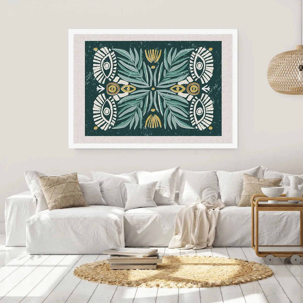 Poster - Symmetrisches Pflanzenmuster auf grünem Hintergrund - 100x70cm - Wie ein Volksausschnitt - Moderne Wanddekoration für Wohnzimmer und Schlafzimmer ARTTOR