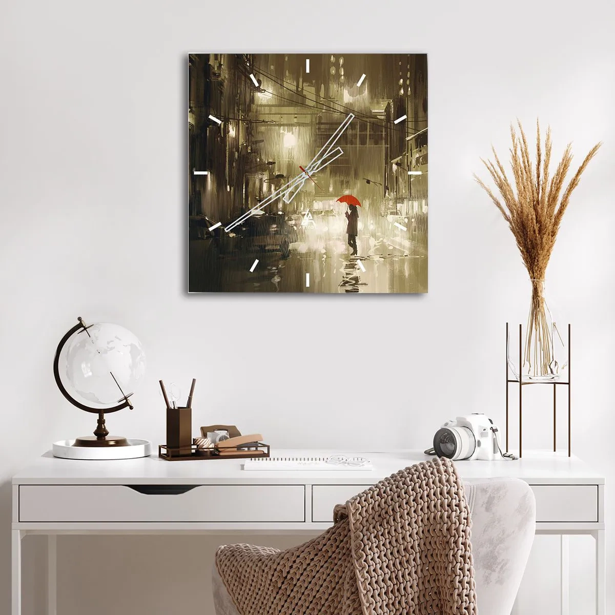 Wanduhr - Glasuhr - Eine Figur mit einem roten Regenschirm in einer verregneten Stadt - 30x30cm - Allein aber nicht einsam - Moderne Wanddekoration für Wohnzimmer und Schlafzimmer ARTTOR