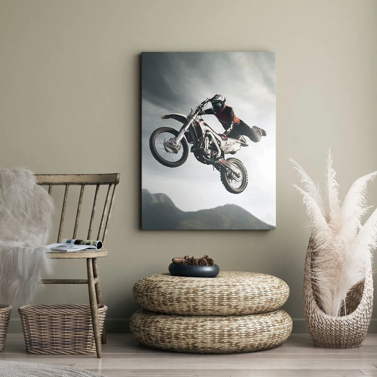Bild auf Leinwand - Leinwandbild - Motorradfahrer in der Luft bei einem Sprung - 80x120cm - Kein Spaß ohne Risiko - Moderne Wanddekoration für Wohnzimmer und Schlafzimmer ARTTOR