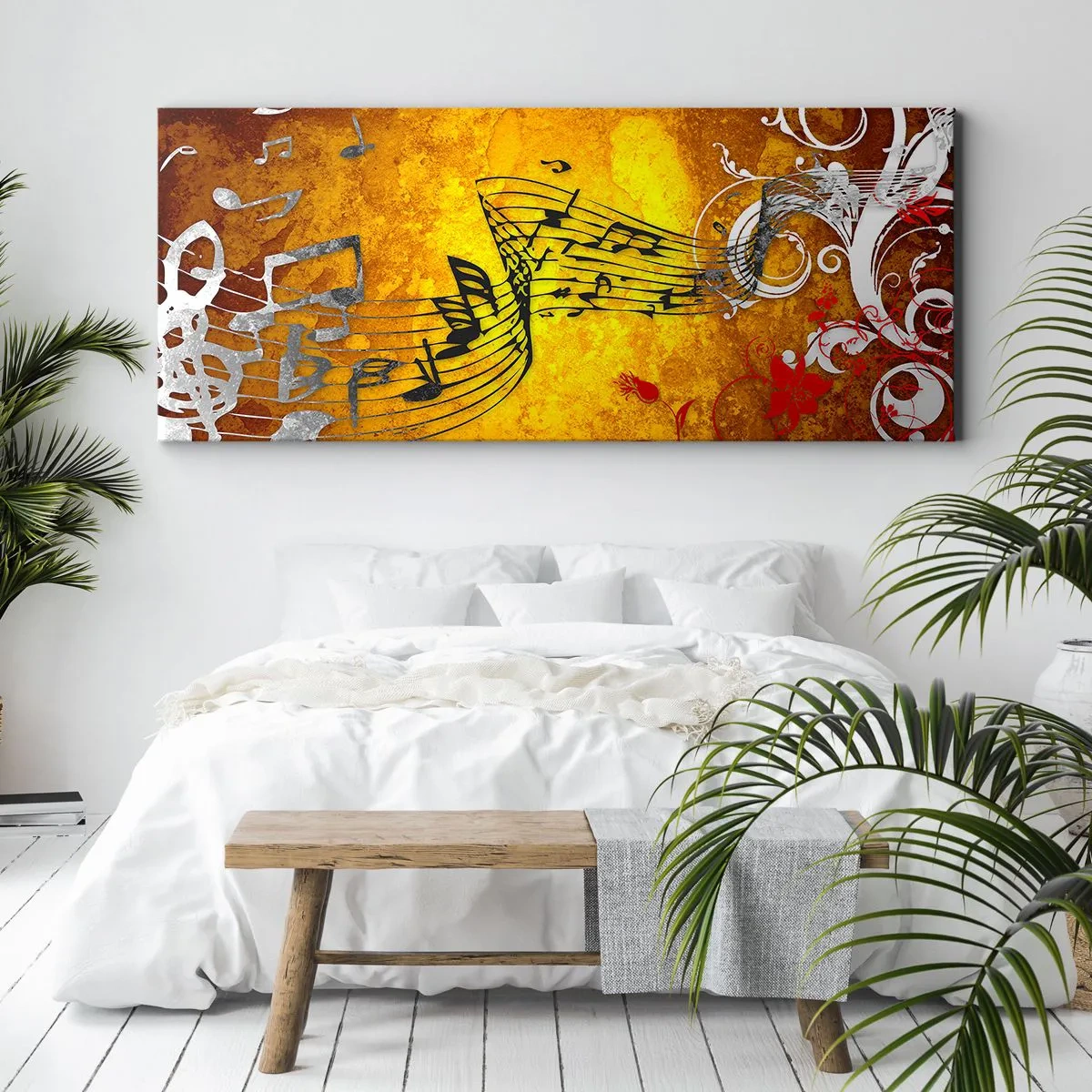 Bild auf Leinwand - Leinwandbild - Abstrakte Musiknoten auf einem bunten Hintergrund mit Ornamenten - 160x50cm - Lass die Musik fließen - Moderne Wanddekoration für Wohnzimmer und Schlafzimmer ARTTOR