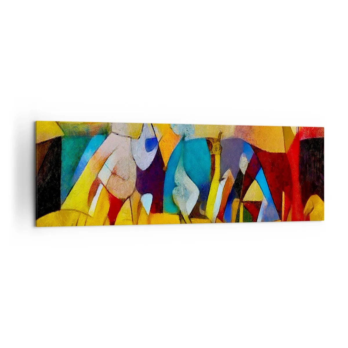Bild auf Leinwand - Leinwandbild - Eine farbenfrohe Abstraktion, die Figuren in geometrischer Form darstellt - 160x50cm - Sonne - Leben - Freude - Moderne Wanddekoration für Wohnzimmer und Schlafzimmer ARTTOR