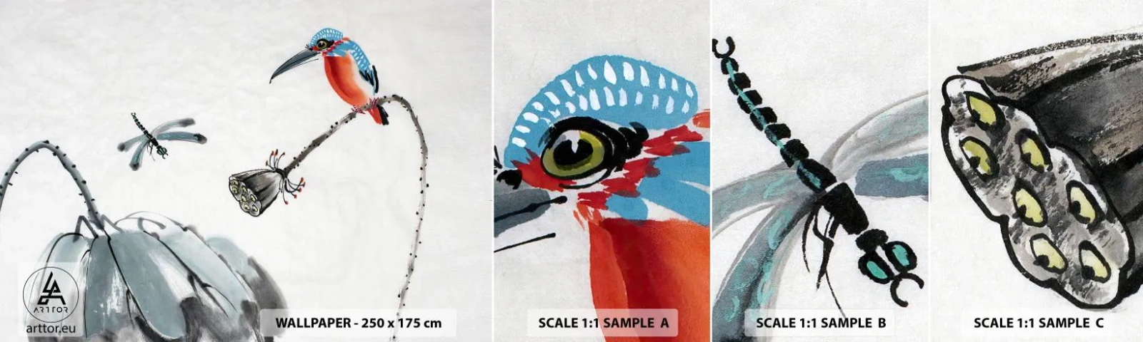 Fototapeten Muster Selbstklebend Deluxe Sticker - Das Leben der Wiese - Abstraktion, Vogel, Blume - 100x30 cm