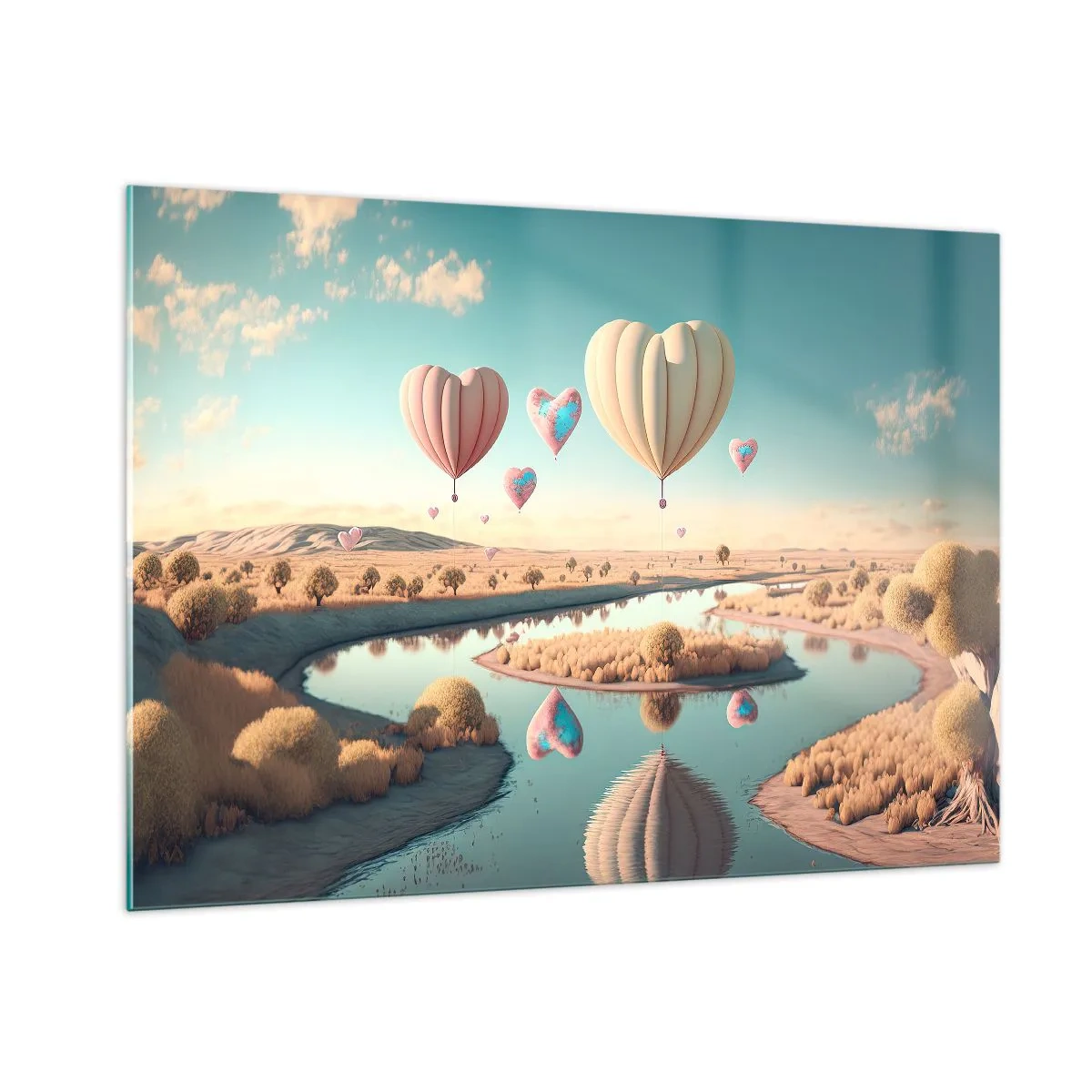 Glasbild - Bild auf glas - Herzförmige Ballons über einer Märchenlandschaft mit Fluss - 100x70cm - Dank Liebe steigt man auf - Moderne Wanddekoration für Wohnzimmer und Schlafzimmer ARTTOR