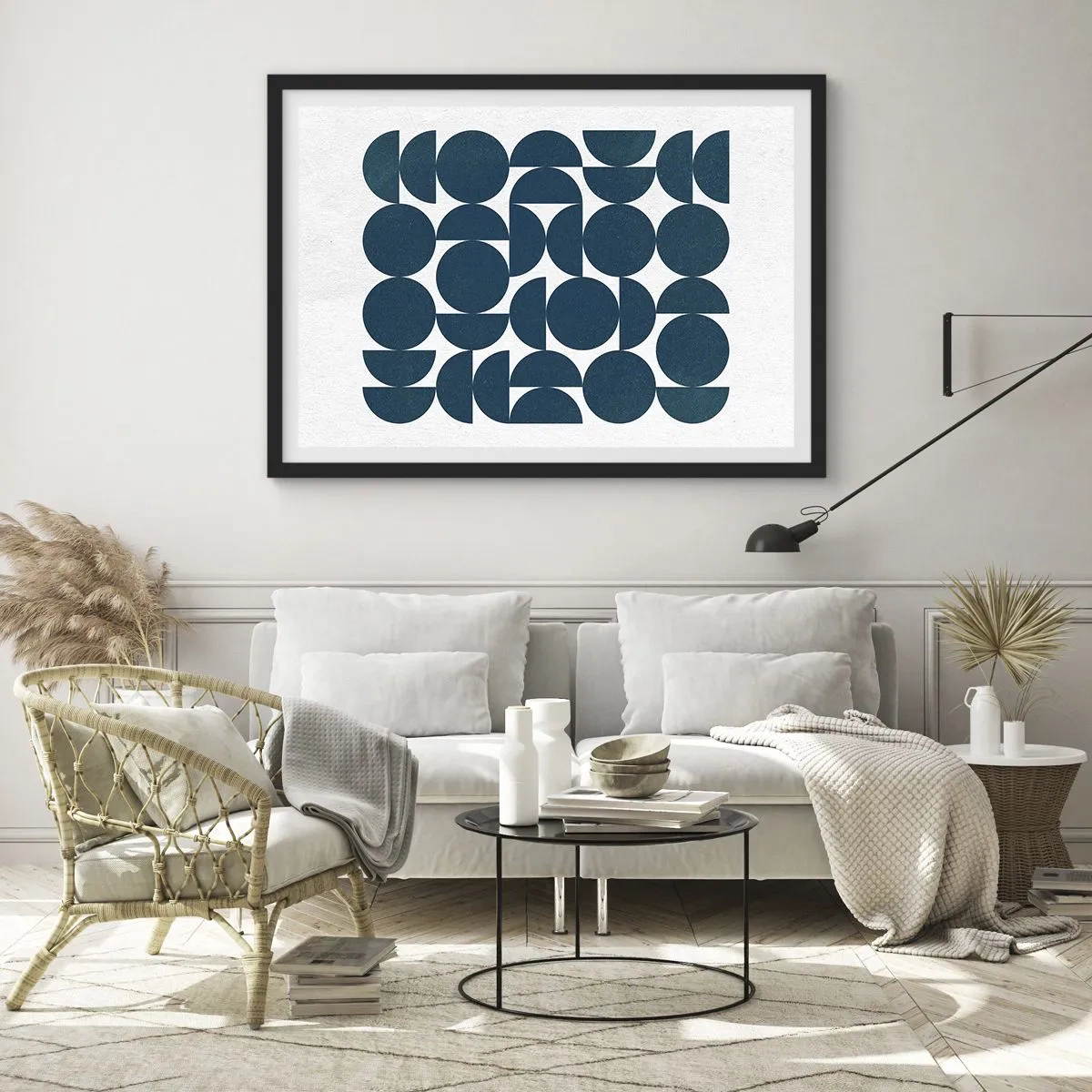 Poster in einem schwarzem Rahmen - Geometrische Formen in Marineblautönen auf weißem Hintergrund - 70x50cm - Kreise und Halbkreise - Moderne Wanddekoration für Wohnzimmer und Schlafzimmer ARTTOR