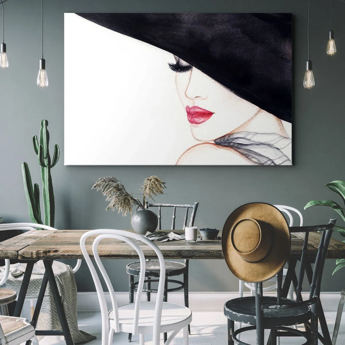 Bild auf Leinwand - Leinwandbild - Eine subtile Illustration einer Frau mit schwarzem Hut und roten Lippen - 120x80cm - Eleganz und Sinnlichkeit - Moderne Wanddekoration für Wohnzimmer und Schlafzimmer ARTTOR