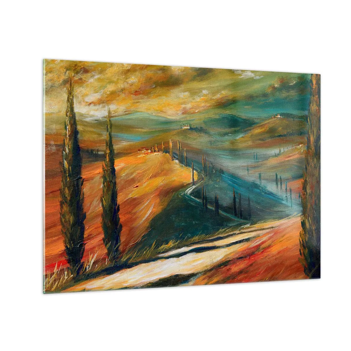 Glasbild - Bild auf glas - Sonnenuntergang über einem toskanischen Hügel - 70x50cm - Toskanische Landschaft - Moderne Wanddekoration für Wohnzimmer und Schlafzimmer ARTTOR