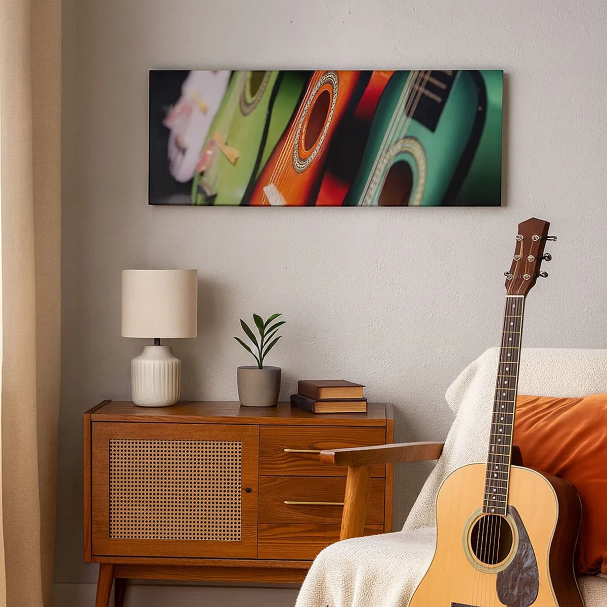 Bild auf Leinwand - Leinwandbild - Die Gitarre hat viele Farben - 100x40 cm