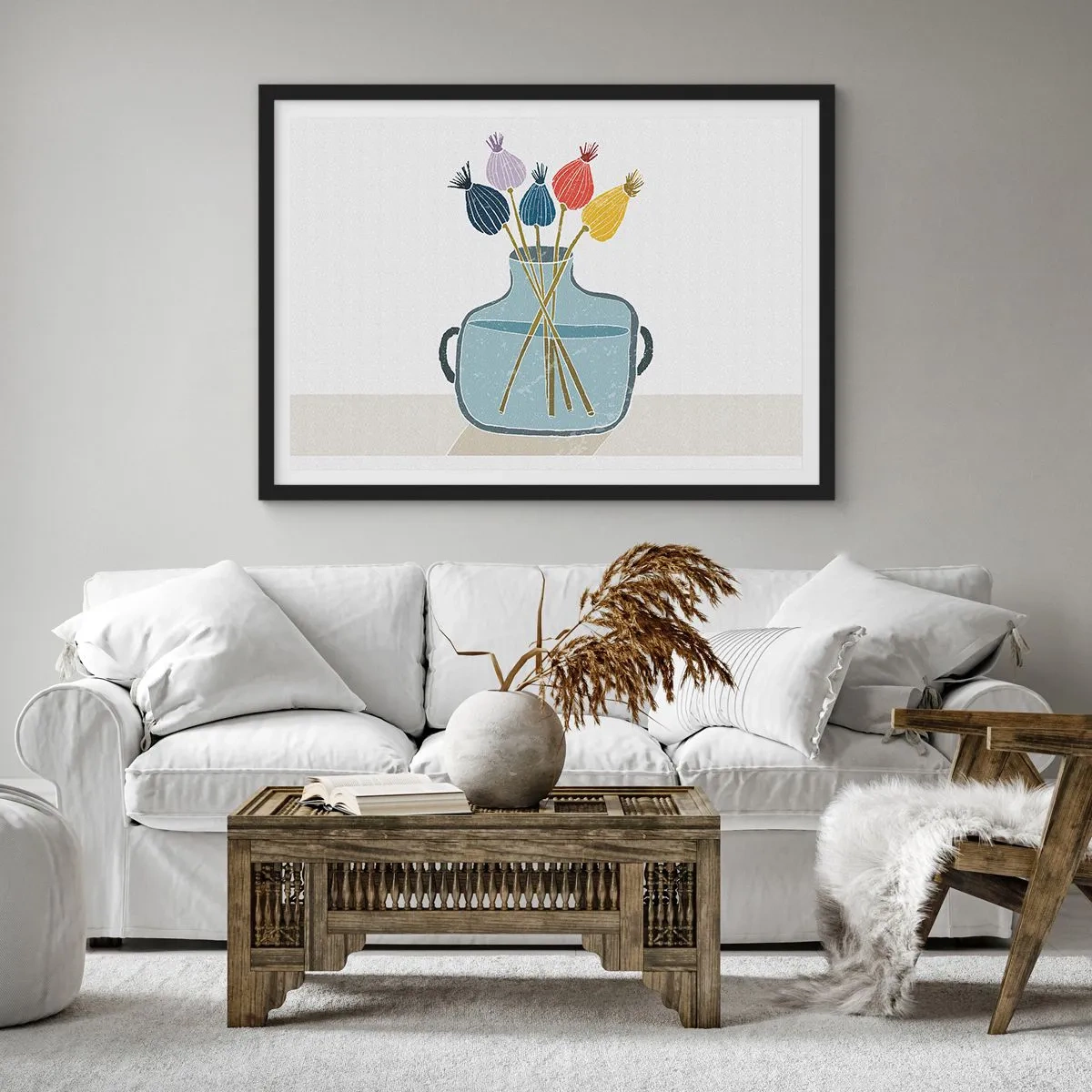 Poster in einem schwarzem Rahmen - Bunte Trockenblumen in einer Vase auf weißem Hintergrund - 70x50cm - Es ist mucksmäuschenstill - Moderne Wanddekoration für Wohnzimmer und Schlafzimmer ARTTOR