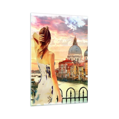 Glasbild - Bild auf glas - Eine Frau bewundert die malerische Landschaft am Kanal - 70x100cm - Als Abenteuer nur in ... - Moderne Wanddekoration für Wohnzimmer und Schlafzimmer ARTTOR