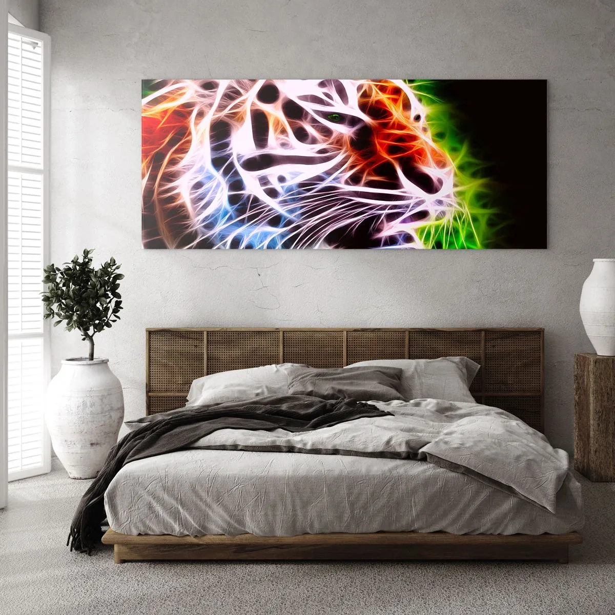 Glasbild - Bild auf glas - Farbenfrohes künstlerisches Porträt eines Tigers im Neonstil auf schwarzem Hintergrund. - 140x50cm - Schreckliche Aura - Moderne Wanddekoration für Wohnzimmer und Schlafzimmer ARTTOR