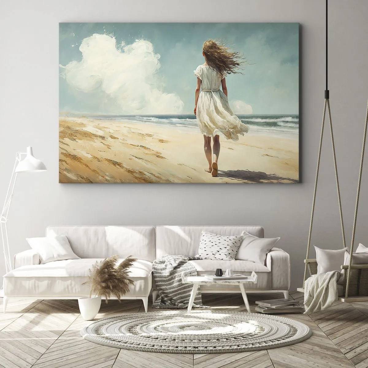 Bild auf Leinwand - Leinwandbild - Eine Frau in einem weißen Kleid geht an einem sonnigen Tag am Strand spazieren - 120x80cm - Der Sonne und dem Wind begegnen - Moderne Wanddekoration für Wohnzimmer und Schlafzimmer ARTTOR