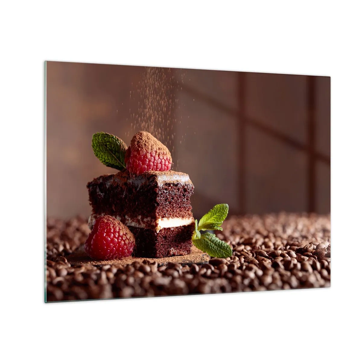 Glasbild - Bild auf glas - Schokoladendessert mit Himbeeren und Minzblättern - 70x50cm - Das Leben ist süß - Moderne Wanddekoration für Wohnzimmer und Schlafzimmer ARTTOR