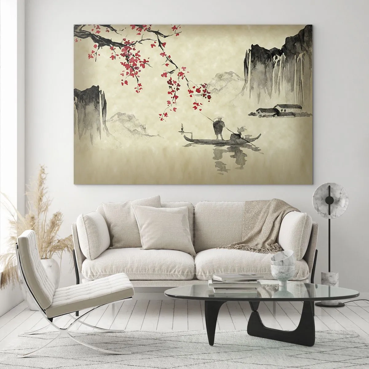 Glasbild - Bild auf glas - Orientalische Fischerszene mit Kirschblütenzweig und Bergen - 70x50cm - Im Land der blühenden Kirschbäume - Moderne Wanddekoration für Wohnzimmer und Schlafzimmer ARTTOR