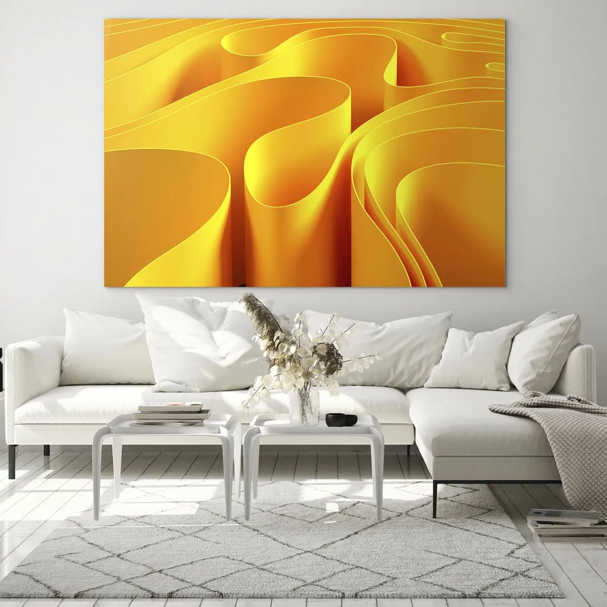Glasbild - Bild auf glas - Abstrakte Wellen in Gold- und Orangetönen - 70x50cm - Wie Sonnenwellen - Moderne Wanddekoration für Wohnzimmer und Schlafzimmer ARTTOR