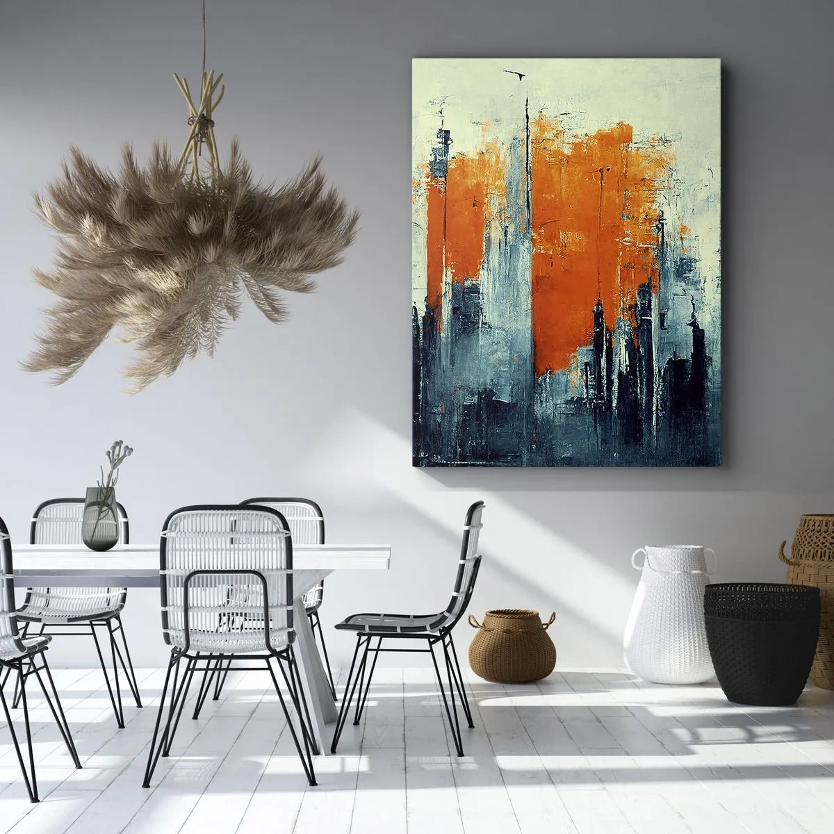 Bild auf Leinwand - Leinwandbild - Abstrakte Stadtlandschaft in Orange- und Blautönen - 70x100cm - Moderne Landschaft - Moderne Wanddekoration für Wohnzimmer und Schlafzimmer ARTTOR