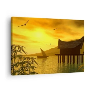 Bild auf Leinwand - Leinwandbild - Tropischer Sonnenuntergang über dem Wasser mit Holzhaus auf Stelzen. - 70x50cm - Der ersehnte Frieden - Moderne Wanddekoration für Wohnzimmer und Schlafzimmer ARTTOR