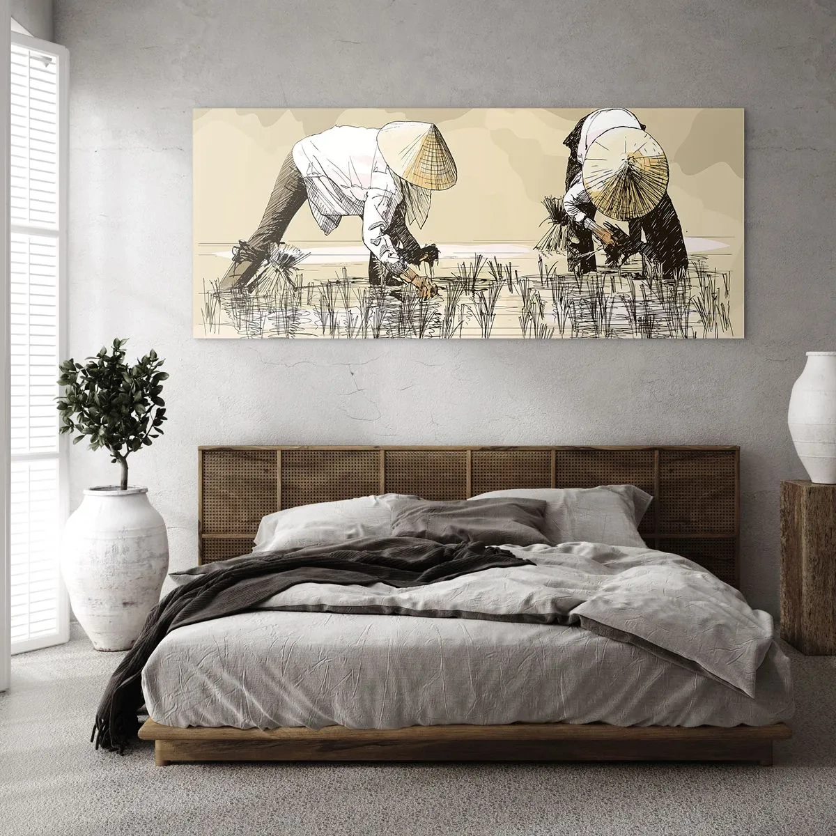 Glasbild - Bild auf glas - Bauern bei der Arbeit auf einem Reisfeld mit traditioneller Kopfbedeckung - 160x50cm - Erfolgreiche Ernte - Moderne Wanddekoration für Wohnzimmer und Schlafzimmer ARTTOR