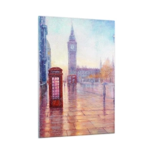 Glasbild - Bild auf glas - Londoner Szene im Regen mit Big Ben und der roten Box - 50x70cm - Londoner Herbsttag - Moderne Wanddekoration für Wohnzimmer und Schlafzimmer ARTTOR