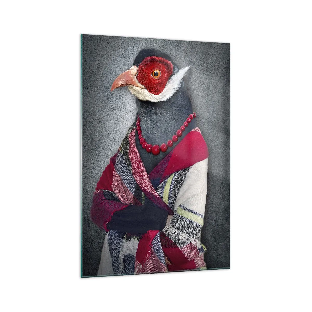 Glasbild - Bild auf glas - Stilisierte Porträts eines Wolfes, eines Fasans und eines Löwen in eleganter Kleidung - 70x100cm - Was mache ich hier?! - Moderne Wanddekoration für Wohnzimmer und Schlafzimmer ARTTOR