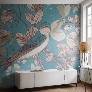 Fototapete Premium Canvas - Ein Vogel auf einem Ast in einem zarten Blumenstil - 100x70cm - Im Weißholz von Rot und Silber - Moderne Wanddekoration für Wohnzimmer und Schlafzimmer ARTTOR