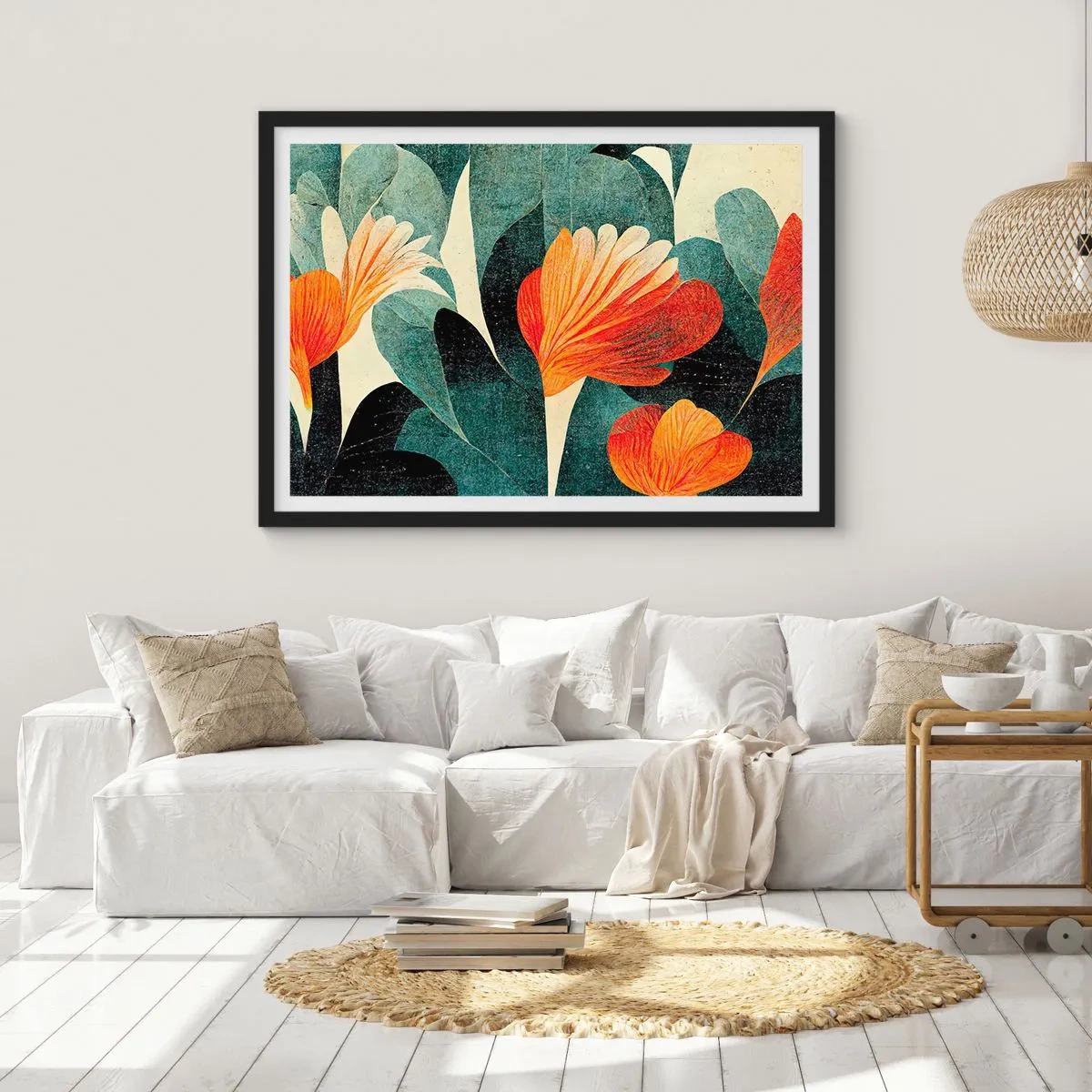Poster in einem schwarzem Rahmen - Blüten in intensiven Orange- und Grüntönen - 100x70cm - Hitze der Tropen und Kühle des Grüns - Moderne Wanddekoration für Wohnzimmer und Schlafzimmer ARTTOR