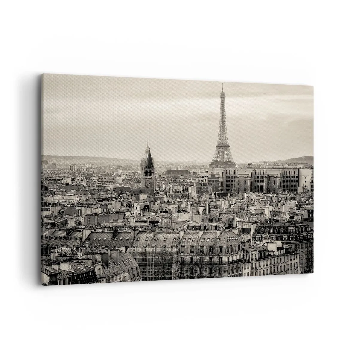 Bild auf Leinwand - Leinwandbild - Panorama von Paris mit dem Eiffelturm in Sepiatönen - 120x80cm - Über den Dächern von Paris - Moderne Wanddekoration für Wohnzimmer und Schlafzimmer ARTTOR