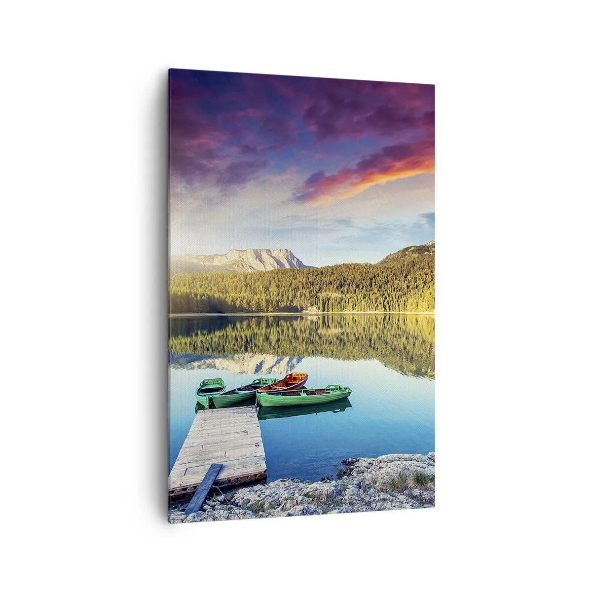 Bild auf Leinwand - Leinwandbild - Sonnenuntergang über dem See mit Booten am Pier - 80x120cm - Glatt wie ein Spiegel über dem Wasser - Moderne Wanddekoration für Wohnzimmer und Schlafzimmer ARTTOR