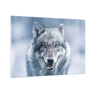 Glasbild - Bild auf glas - Ein Wolf mit durchdringendem Blick vor dem Hintergrund eines verschneiten Waldes - 100x70cm - Werden Sie die Herausforderung annehmen? - Moderne Wanddekoration für Wohnzimmer und Schlafzimmer ARTTOR