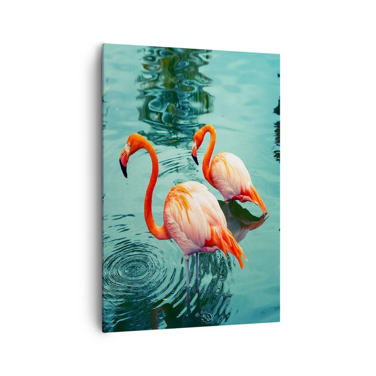 Bild auf Leinwand - Leinwandbild - Zwei Flamingos im ruhigen Wasser spiegeln ihre Umgebung wider - 70x100cm - Wir sind jetzt in Mode - Moderne Wanddekoration für Wohnzimmer und Schlafzimmer ARTTOR