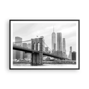 Poster in einem schwarzem Rahmen - Brooklyn Bridge mit New Yorker Wolkenkratzern im Hintergrund - 100x70cm - New Yorker Atmosphäre - Moderne Wanddekoration für Wohnzimmer und Schlafzimmer ARTTOR