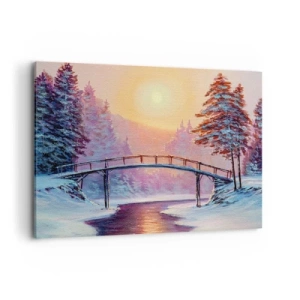Bild auf Leinwand - Leinwandbild - Winterlandschaft mit einer vom Sonnenuntergang beleuchteten Brücke - 120x80cm - Vier Jahreszeiten - Winter - Moderne Wanddekoration für Wohnzimmer und Schlafzimmer ARTTOR