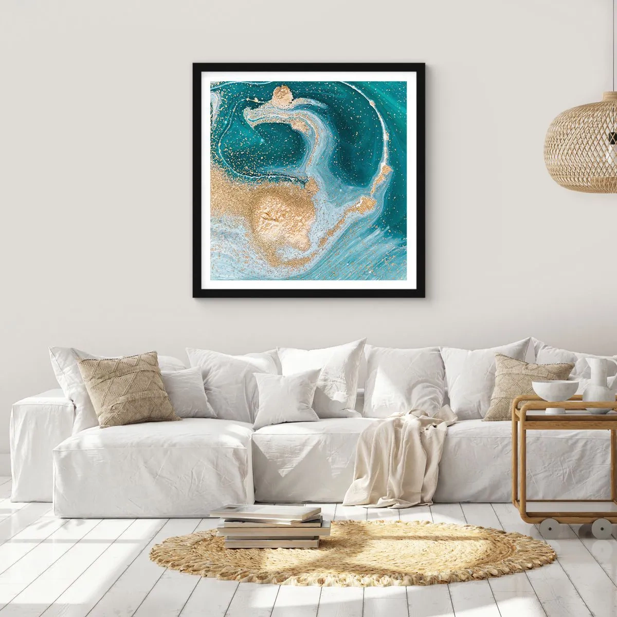 Poster in einem schwarzem Rahmen - Ein Strudel aus Gold und Türkis - 40x40 cm