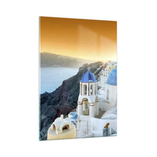 Glasbild - Bild auf glas - Blick auf Santorin mit seinen blauen Kuppeln und Klippen - 50x70cm - Santorini - an die Felsen gekuschelt - Moderne Wanddekoration für Wohnzimmer und Schlafzimmer ARTTOR