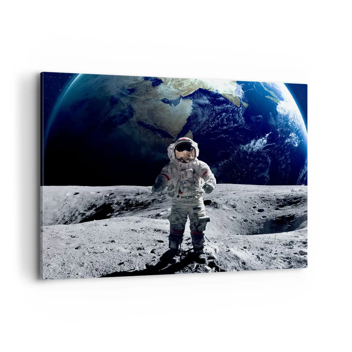 Bild auf Leinwand - Leinwandbild - Astronaut auf der Mondoberfläche mit der Erde im Hintergrund - 100x70cm - Grüße vom Mond - Moderne Wanddekoration für Wohnzimmer und Schlafzimmer ARTTOR