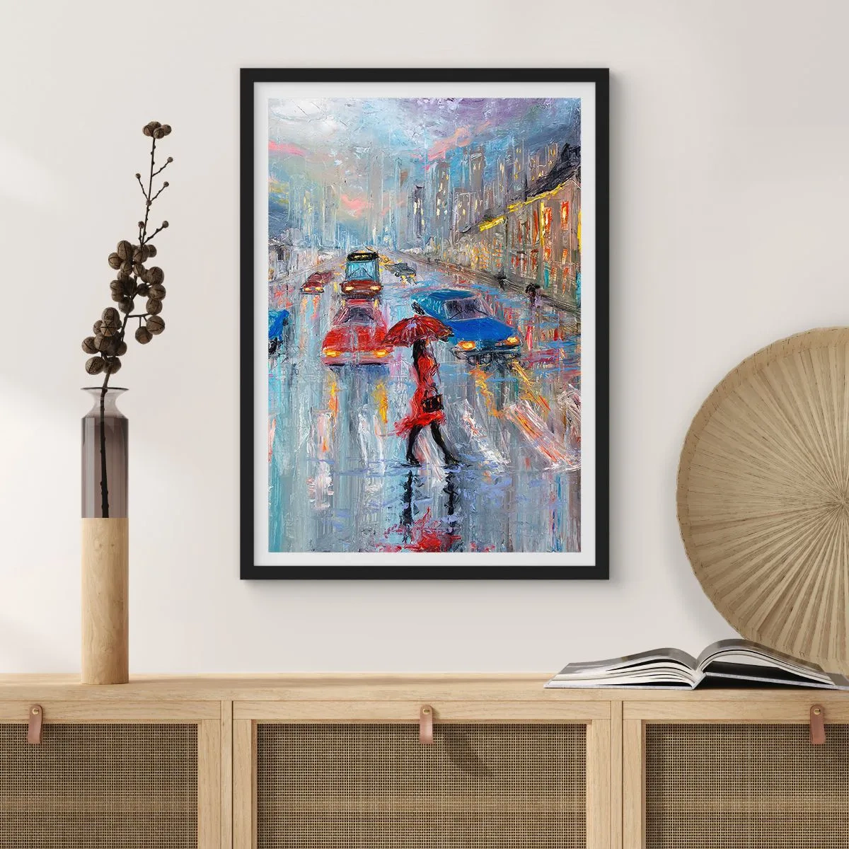 Poster in einem schwarzem Rahmen - Impressionistische Stadtlandschaft im Regen - 50x70cm - Regnerischer Nachmittag in der Stadt - Moderne Wanddekoration für Wohnzimmer und Schlafzimmer ARTTOR