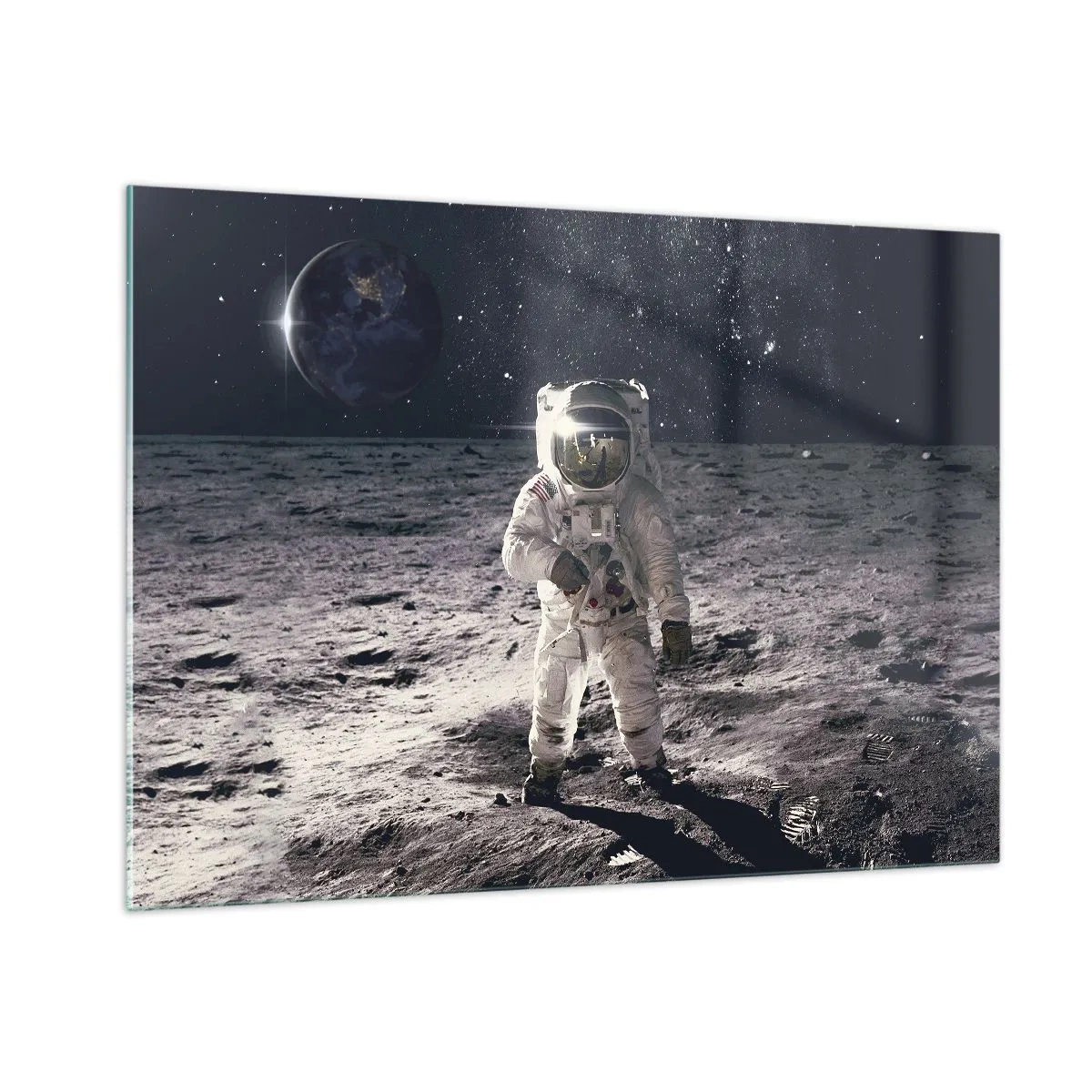 Glasbild - Bild auf glas - Astronaut auf der Mondoberfläche mit der Erde im Hintergrund - 100x70cm - Grüße vom Mond - Moderne Wanddekoration für Wohnzimmer und Schlafzimmer ARTTOR