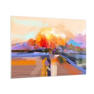 Glasbild - Bild auf glas - Abstrakte Landschaft mit Sonnenuntergang und bunten Feldern - 100x70cm - Der Herbst ist geworden - Moderne Wanddekoration für Wohnzimmer und Schlafzimmer ARTTOR