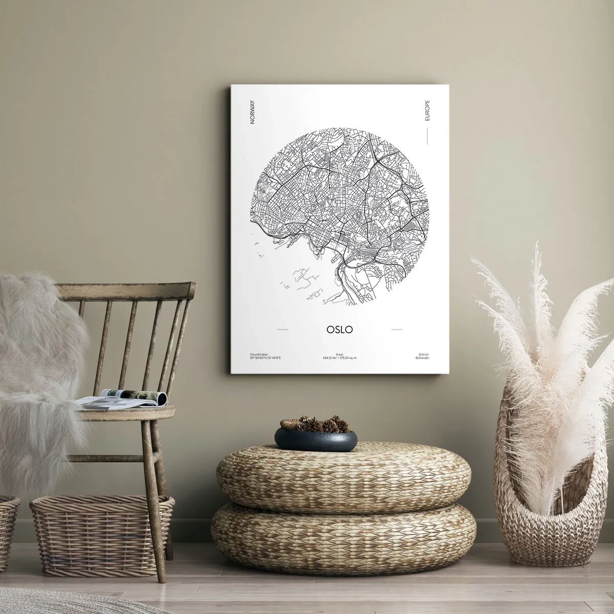 Bild auf Leinwand - Leinwandbild - Eine Karte von Oslo im minimalistischen Schwarz-Weiß-Stil. - 50x70cm - Anatomie von Oslo - Moderne Wanddekoration für Wohnzimmer und Schlafzimmer ARTTOR