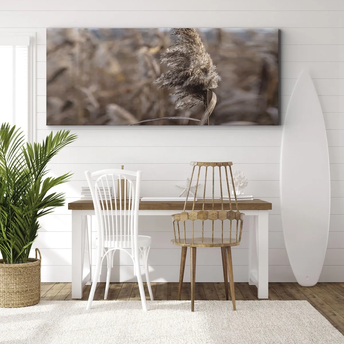 Bild auf Leinwand - Leinwandbild - Zarte Gräser in Beigetönen vor dem Hintergrund der Natur - 140x50cm - Zeit, mit dem Wind zu gehen - Moderne Wanddekoration für Wohnzimmer und Schlafzimmer ARTTOR