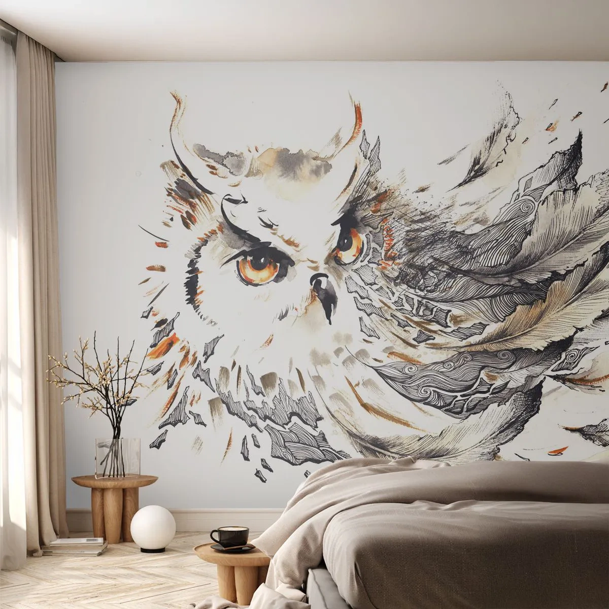 Fototapete Premium Sand - Eine stattliche Eule im künstlerischen Aquarellstil - 100x70cm - Sie kam aus der Welt der Magie - Moderne Wanddekoration für Wohnzimmer und Schlafzimmer ARTTOR