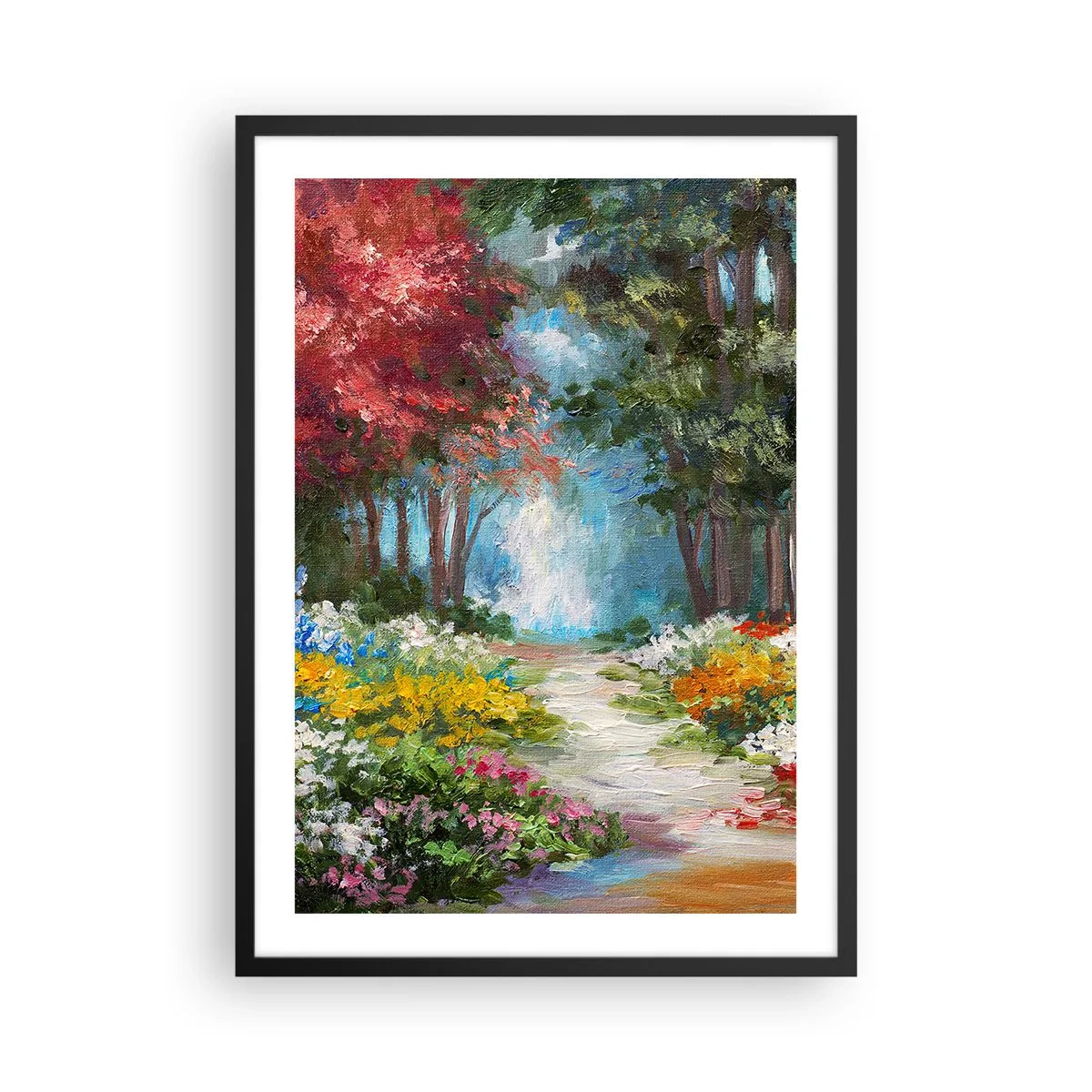 Poster in einem schwarzem Rahmen - Ein farbenfroher Waldgarten voller Blumen und Bäume - 50x70cm - Waldgarten, Blumenwald - Moderne Wanddekoration für Wohnzimmer und Schlafzimmer ARTTOR
