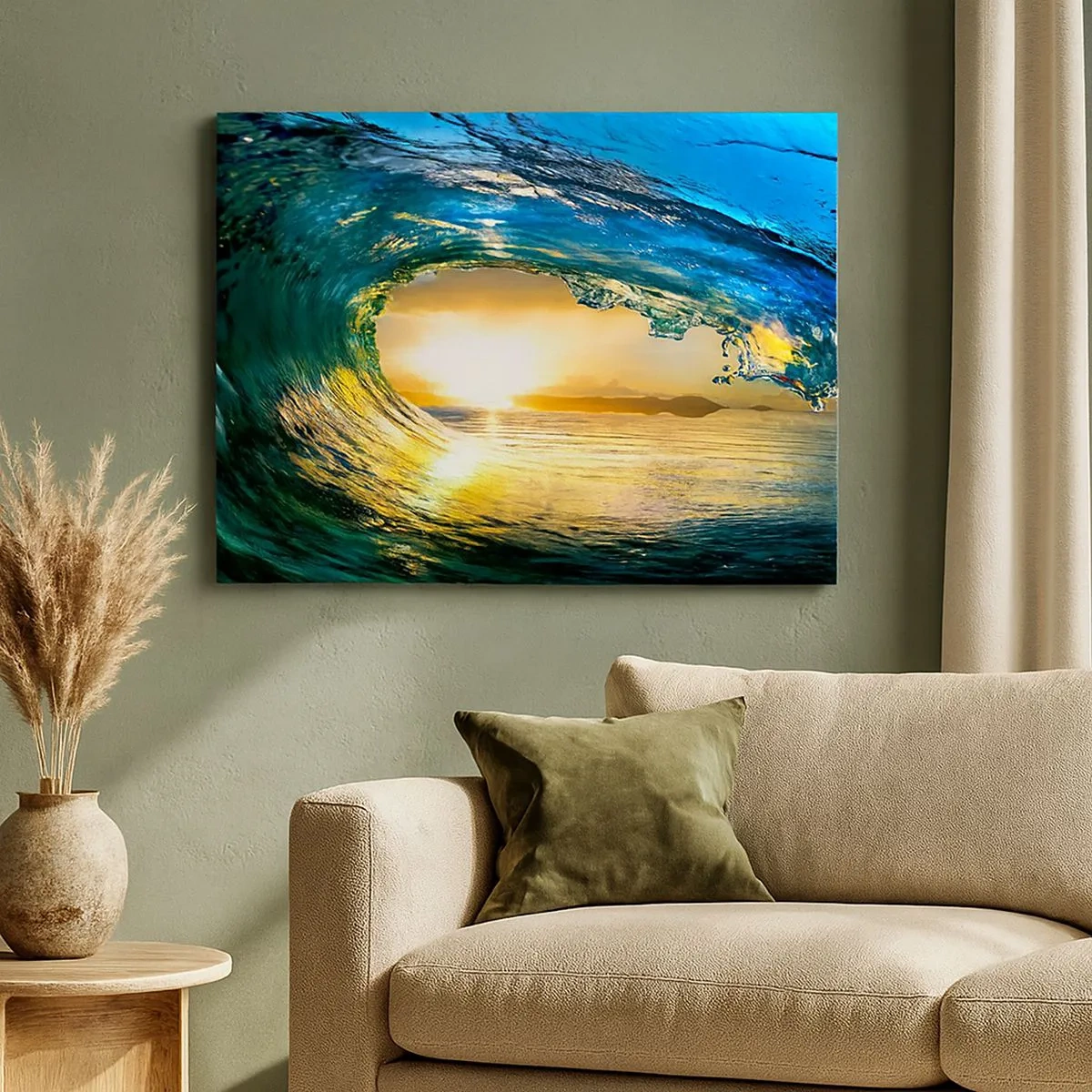 Bild auf Leinwand - Leinwandbild - Meereswelle in der Sonne mit Blick auf den Horizont - 70x50cm - In einem smaragd-goldenen Kristall - Moderne Wanddekoration für Wohnzimmer und Schlafzimmer ARTTOR
