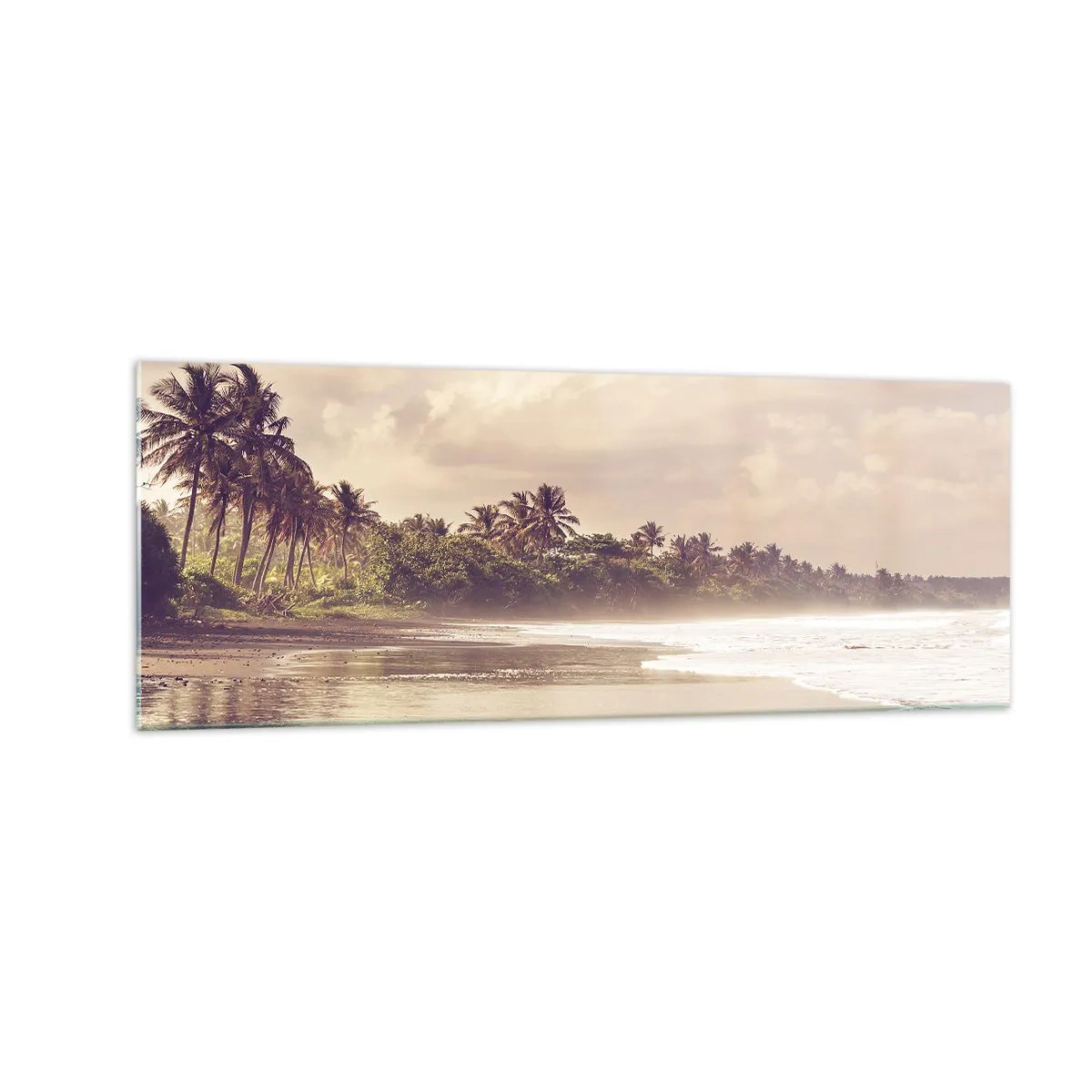 Glasbild - Bild auf glas - Ein Strand mit Palmen und sanften Wellen am Morgen - 140x50cm - Die Liebkosung der Wellen - Moderne Wanddekoration für Wohnzimmer und Schlafzimmer ARTTOR