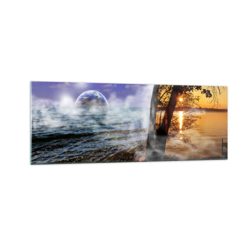 Glasbild - Bild auf glas - Fantastische Landschaft mit Meer, Bäumen und Sonnenuntergang. - 140x50cm - Surreale Landschaft - Einheit der Natur - Moderne Wanddekoration für Wohnzimmer und Schlafzimmer ARTTOR