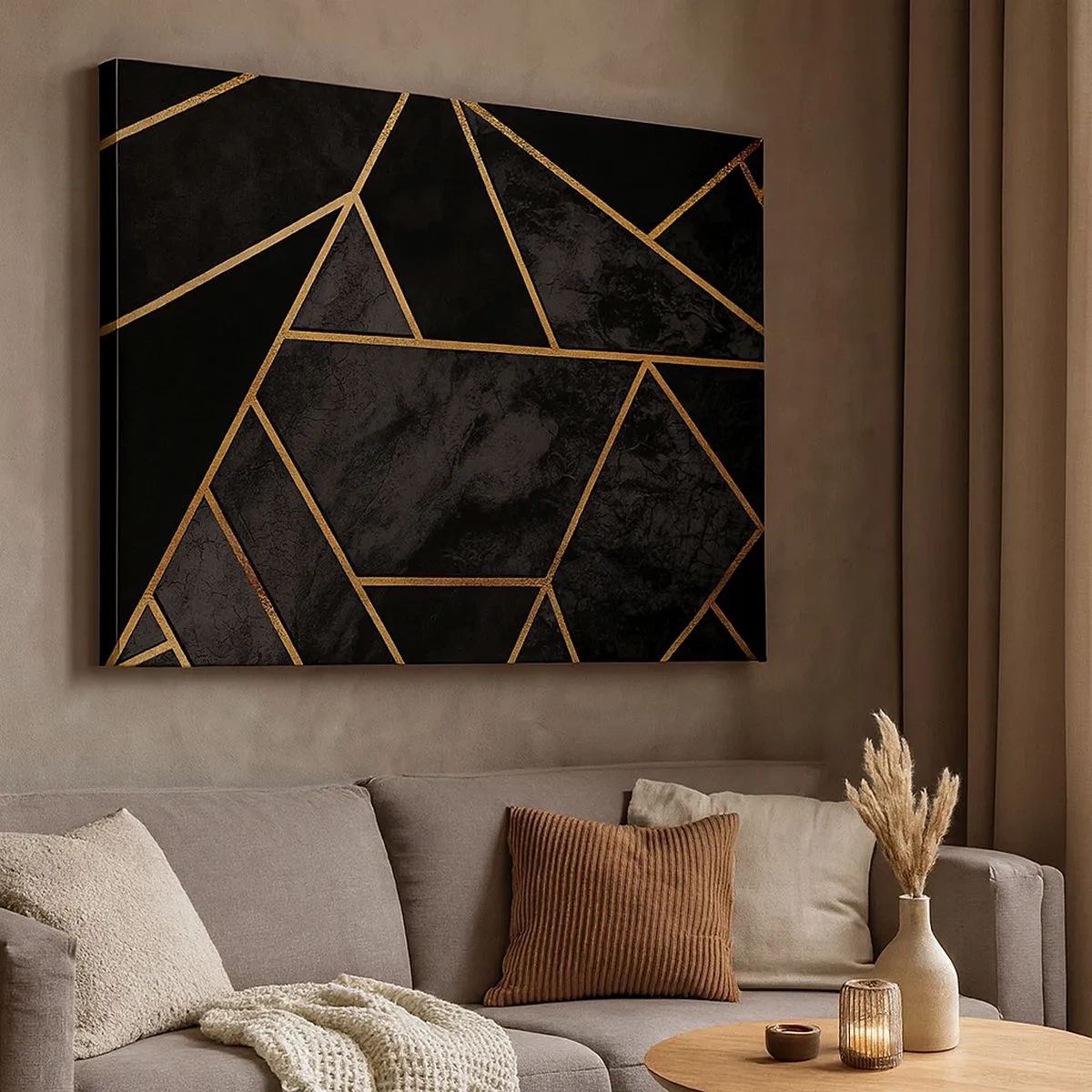Bild auf Leinwand - Leinwandbild - Geometrisches Goldmuster auf schwarzem Hintergrund - 70x50cm - Dunkelheit und Glanz - Moderne Wanddekoration für Wohnzimmer und Schlafzimmer ARTTOR
