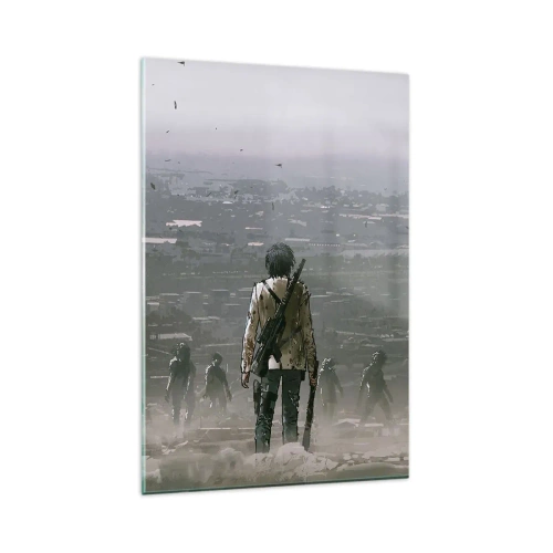 Glasbild - Bild auf glas - Eine Gestalt mit einer Waffe steht vor einer Gruppe in einer dystopischen Landschaft. - 80x120cm - Letzter Gerechter? - Moderne Wanddekoration für Wohnzimmer und Schlafzimmer ARTTOR